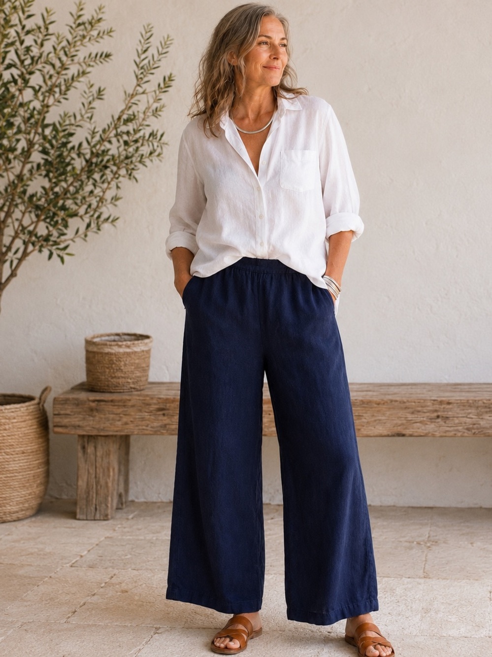 FLAX 100% Linen Navy Wide Leg Pants S/M Lithuania Coastal Lagenlook
